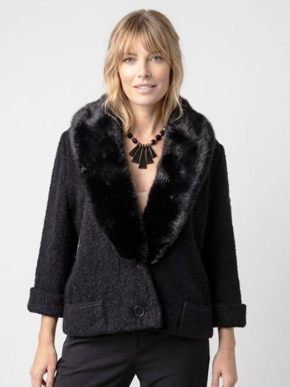 Vintage Mink Fur Sweater Coat Black Cropped Boucle Jacket Size M